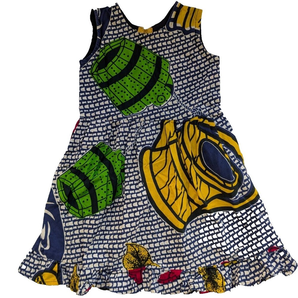 African Ankara Print Baby Girl Dress Yellow Teapot Sleeveless Ruffle Handmade 4T